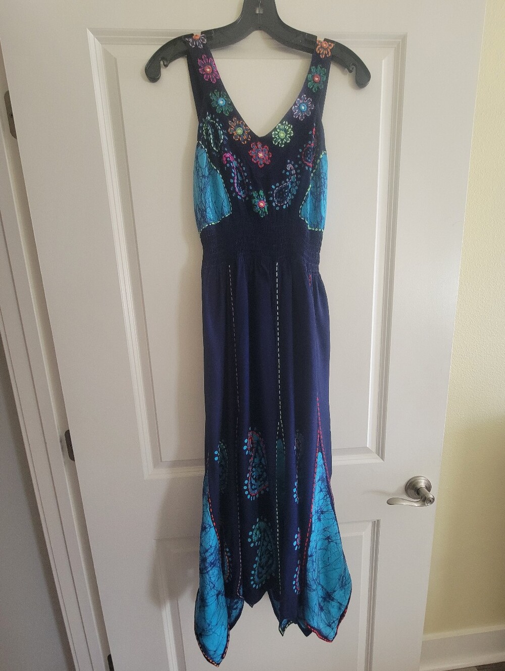 Vintage SHORELINE Bohemian Embroidered Navy and Turquoise Maxi Dress,one size
